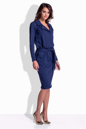 Rochie bleumarin lungime midi cu buzunare laterale si cordon in talie